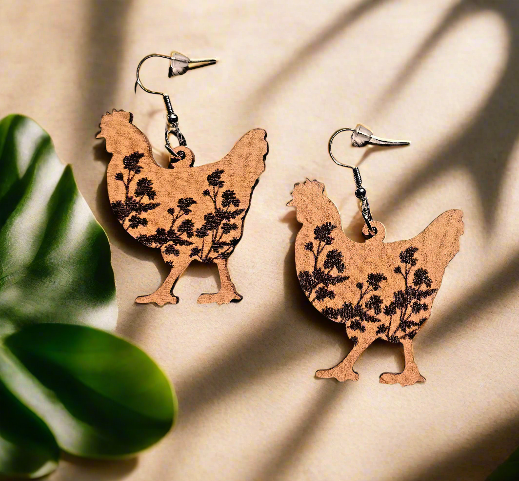 Adorable Floral Wood Chicken Earrings