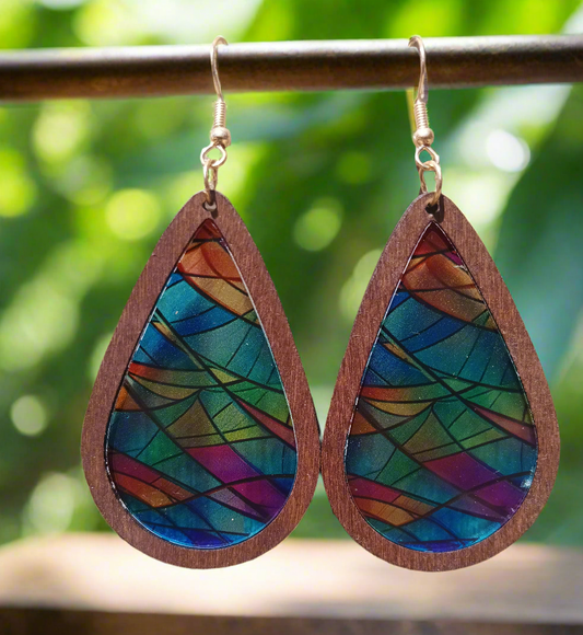 Beautiful Wood and Stained Glass Effect Earrings