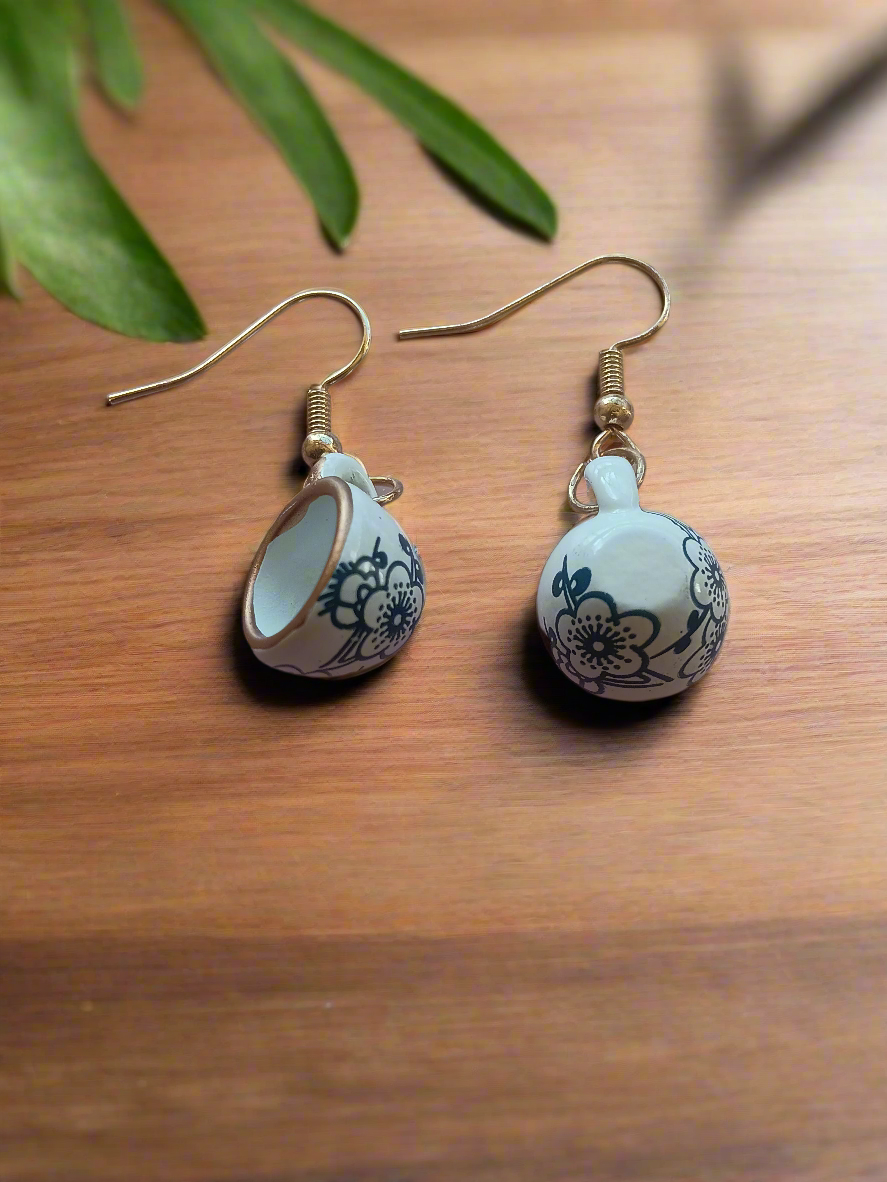 Vintage Floral Blue Tea Cup Earrings