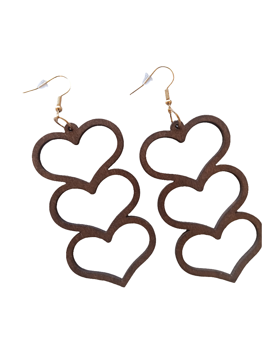 Adorable wood Long Stacked Heart Earrings