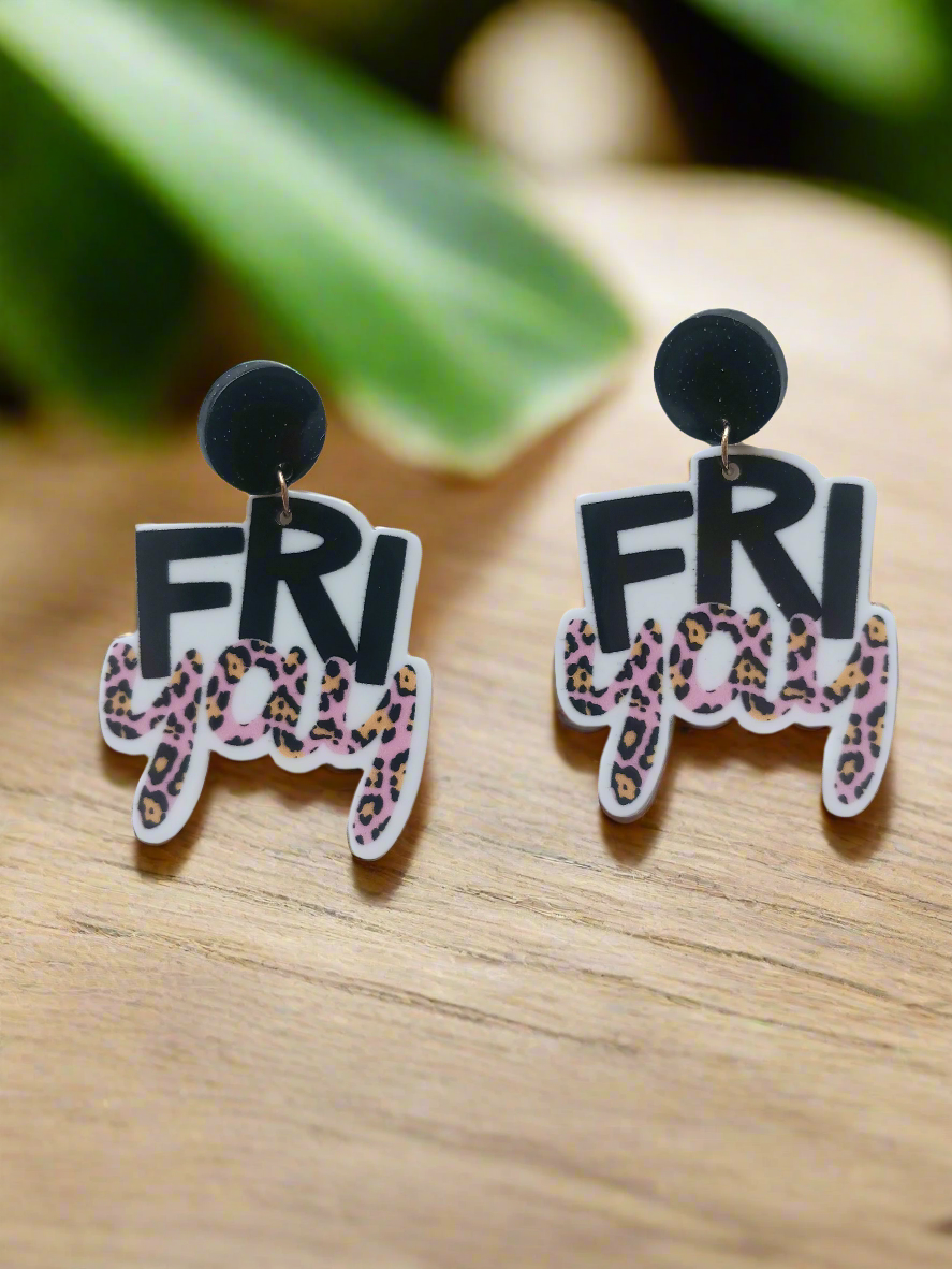 Fun FRI-YAY Black & Pink Leopard Dangle Stud Earrings