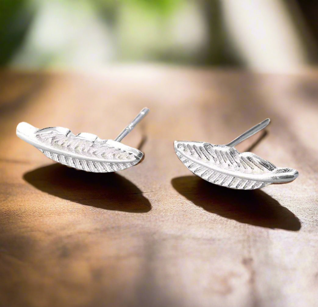 Beautiful Dainty Feather Silver Stud Earrings