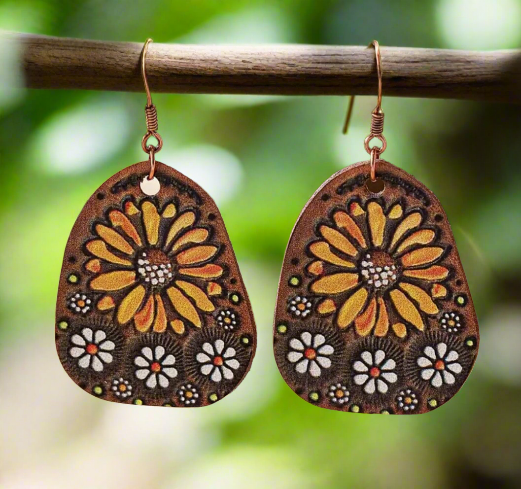 Rustic Bohemian Daisies PU Leather Earrings