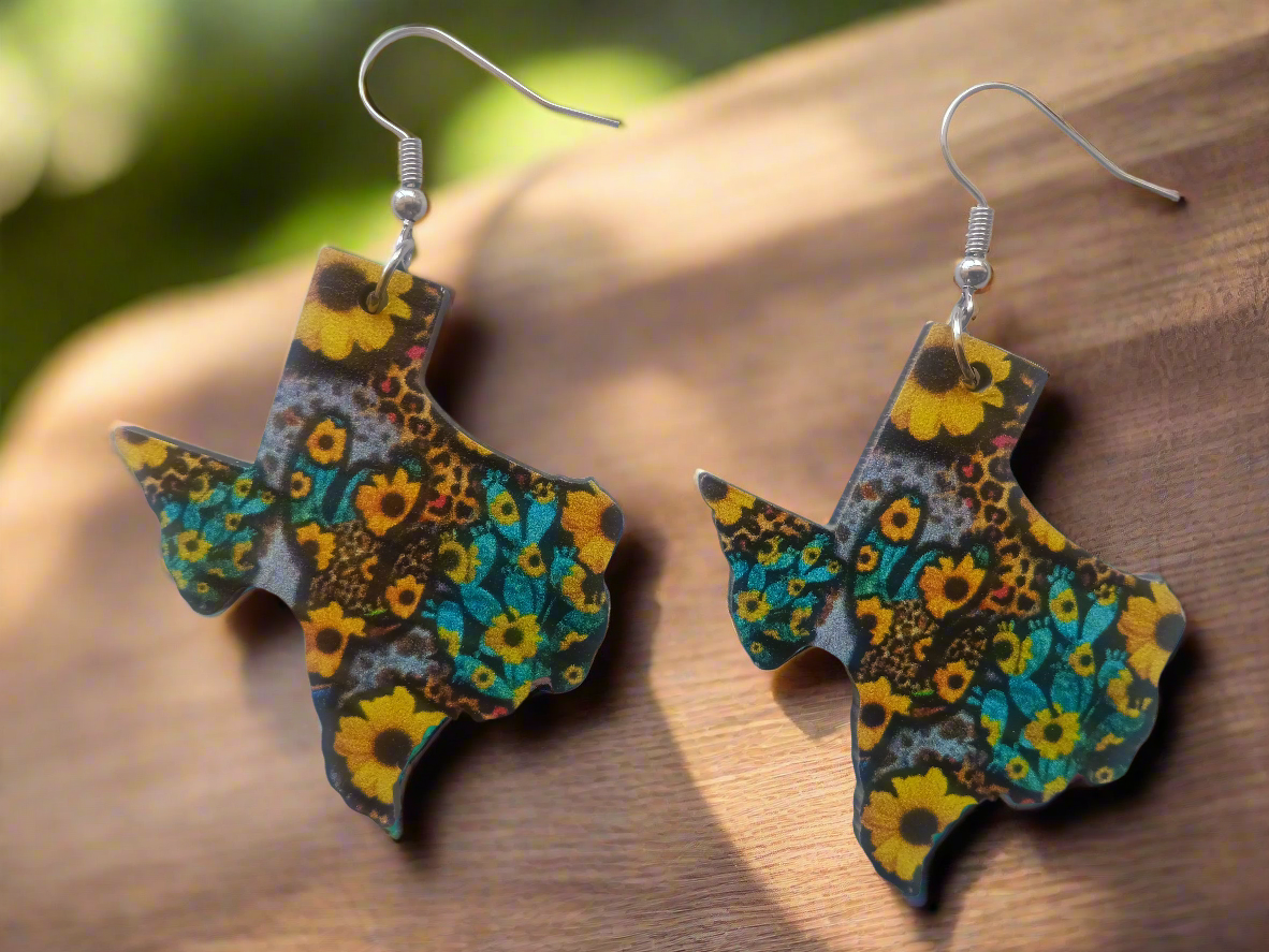 Southern Style Wooden Sunflower Texas Cactus Earrings